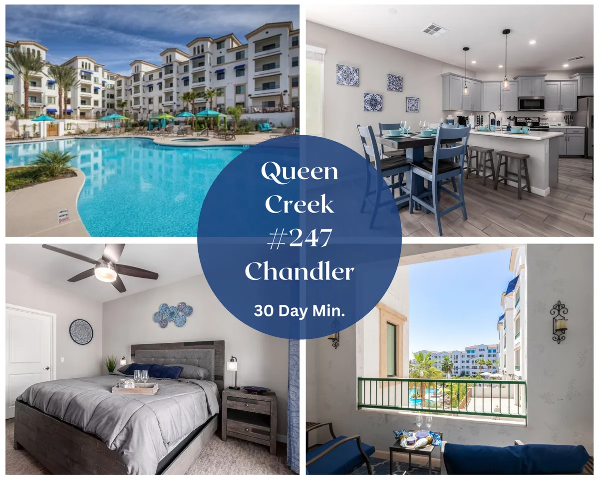 The image showcases a sparkling resort-style swimming pool bordered by lush landscaping, with stylish outdoor seating and dining areas perfect for relaxing or gathering with friends. The sun-drenched patio overlooks the pool, evoking a vibrant yet tranquil retreat atmosphere.