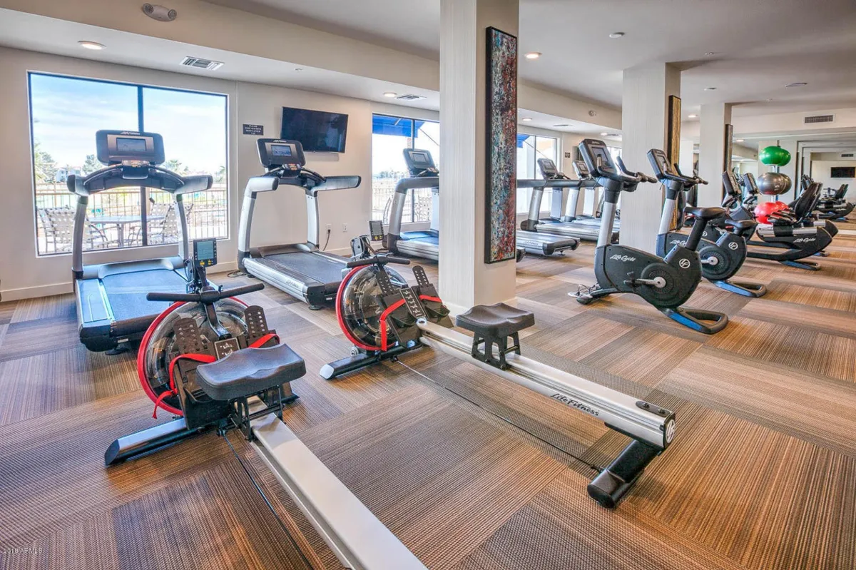 A bright, modern gym with treadmills, rowing machine, and exercise bikes arranged before a wall of large windows. The space feels airy and motivational, with a television screen and outside views adding to the energizing atmosphere.
